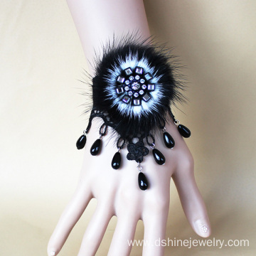 Black Crochet Lace Band With POM Charm Beads Tassel Bracelet